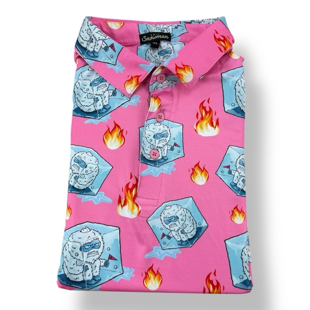 Golf‎ Snowman Pink Yeti Flame Print Polo Shirt Polyester Spandex Men's Size XL
